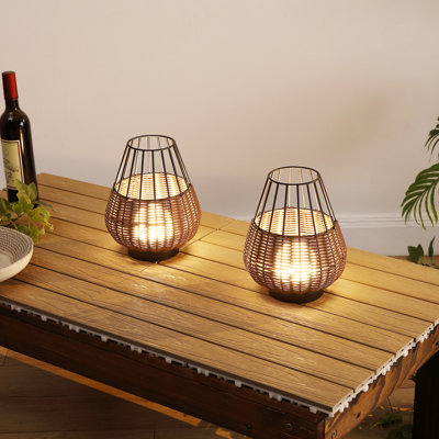 Elian 10" Modern Rustic Decorative Indoor/Outdoor Faux Wicker Rechargeable/Cordless Dimmable Integrated LED Table Lamp