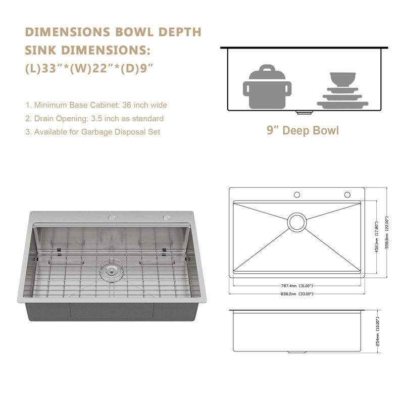 33" L x 19" W Drop-in Stainless Steel Kitchen Sink, Single Bowl Workstation Kitchen Sink with Cutting Board and Colander