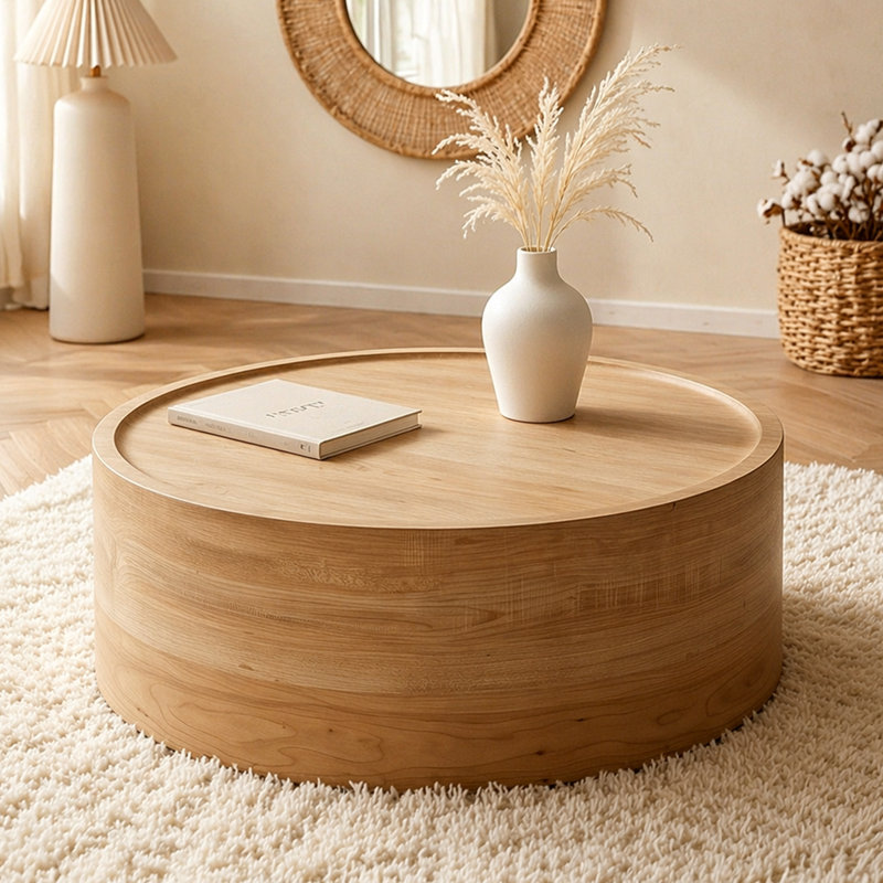 Table basse ronde de 31,5 po avec grain de bois naturel pour le salon, table basse à tambour rond pour le salon, sans assemblage