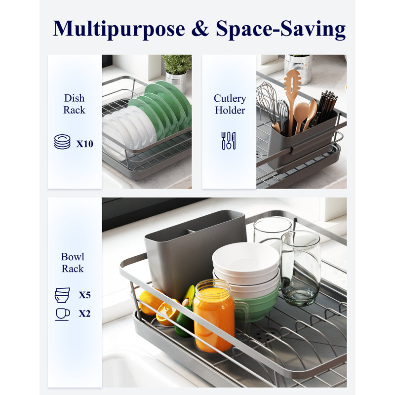 Dish Drying Rack - Compact Dish Rack with Utensil Holder & Adjustable Water Outlet, Rust-Proof & Scratch-Resistant Drying Rack for Kitchen, 14.5" x 12.0" x 4.0", Grey