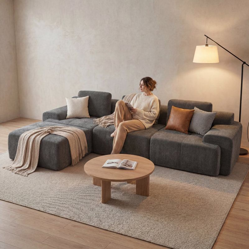 122" Wide Sectional Compression Sofa With Modular Seating Plush Cushions & Ottoman, Deep Gray Polyester