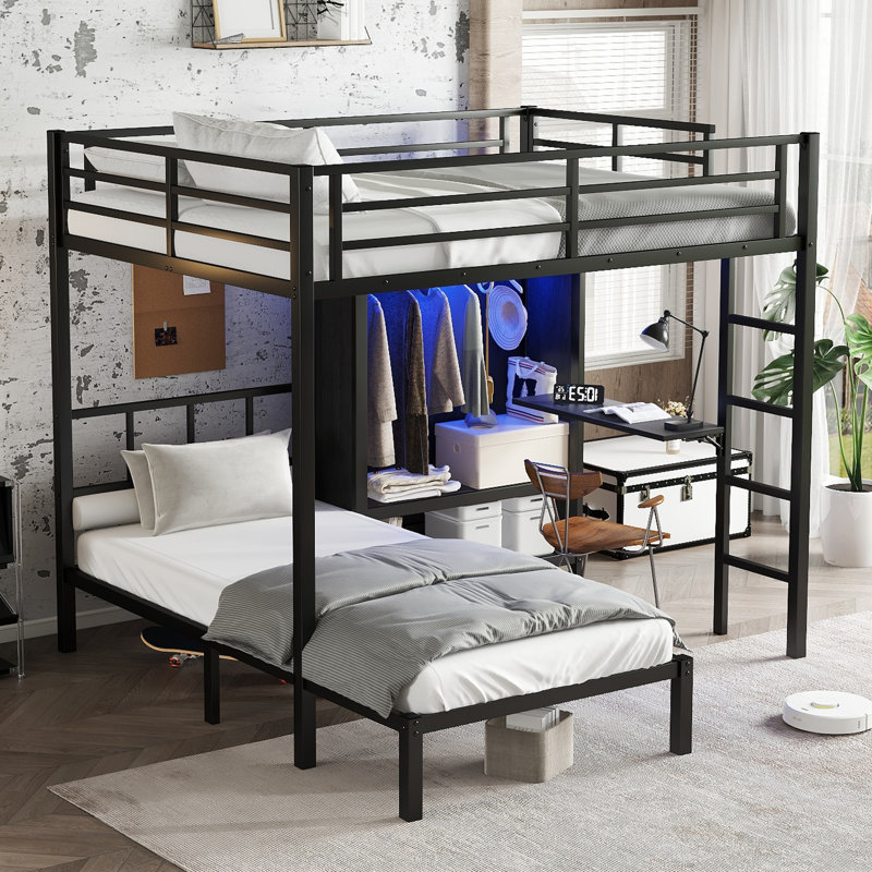 Lit superposé en métal avec bureau pliant, garde-robe avec lumière DEL, conception à faible bruit, noir