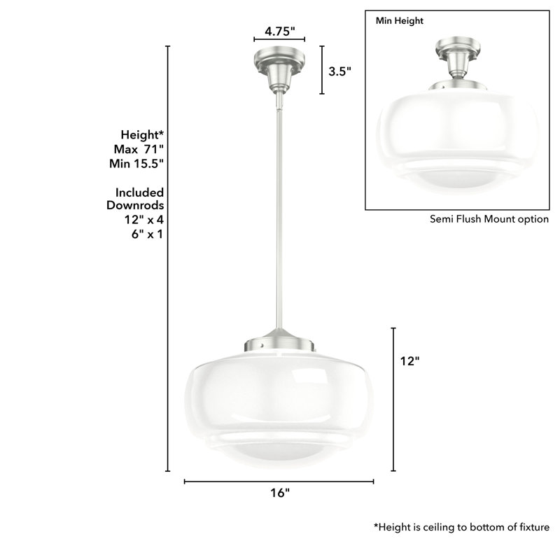 Saddle Creek 1 - Light Single Schoolhouse Pendant with Glass, White, Brushed Nickel, 71" H x 16" W x 16" D