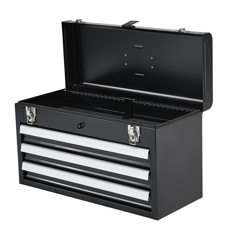 Boîte à outils en métal 20,5 pouces noire, 3 tiroirs, organisateur, verrouillage automatique, protection contre les éclaboussures, poignée supérieure pour le transport en noir, portable, mouvement du tiroir en douceur, transport facile