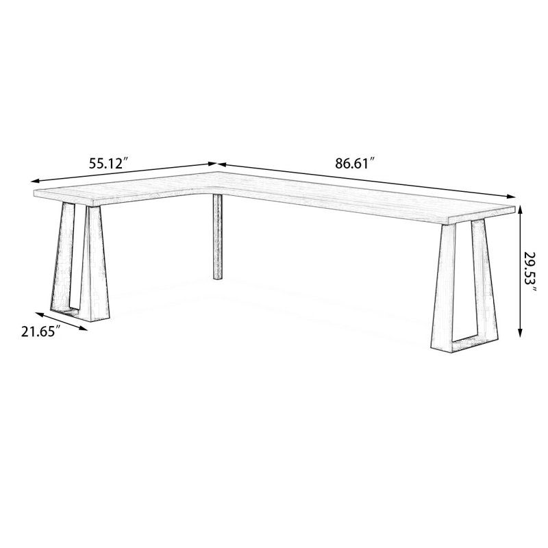Brown L-Shaped Solid Wood + Iron desk, Left Hand Facing, 29.53" H x 86.61" W x 55.12" D