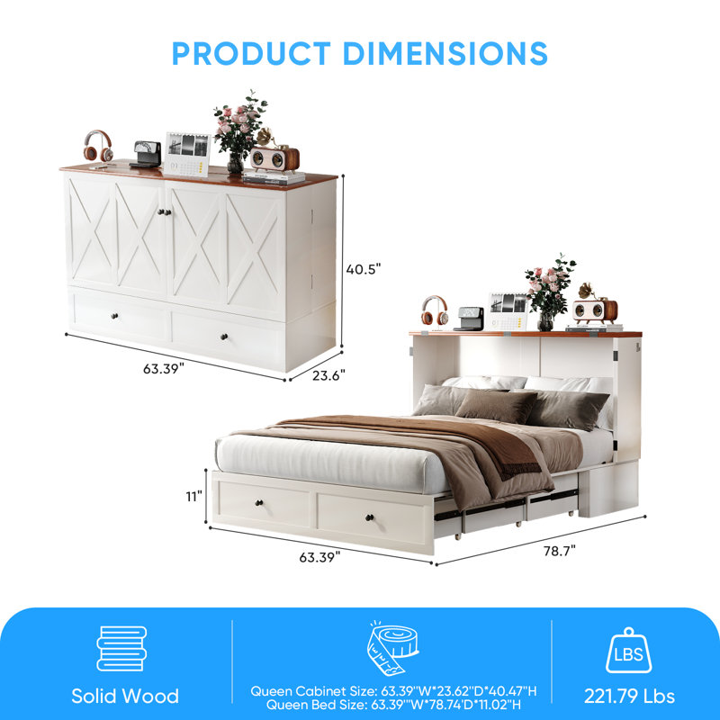 Queen Murphy Bed With Storage Cabinet - Space-saving Wall Bed System, Construction &  4.7" Mattress, Queen