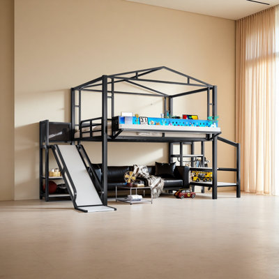 Metal Loft Bed Frame with USB Ports and LED Lights, Noise-reduced Design