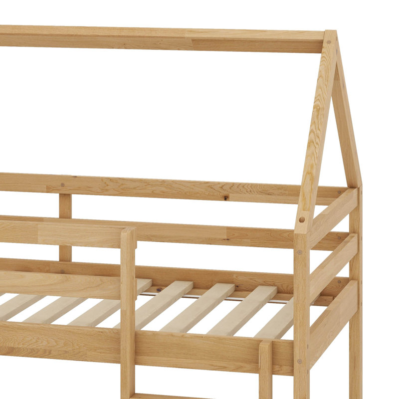 Lit superposé simple au-dessus de simple en bois d'hévéa - échelle et garde-corps inclus, Naturel