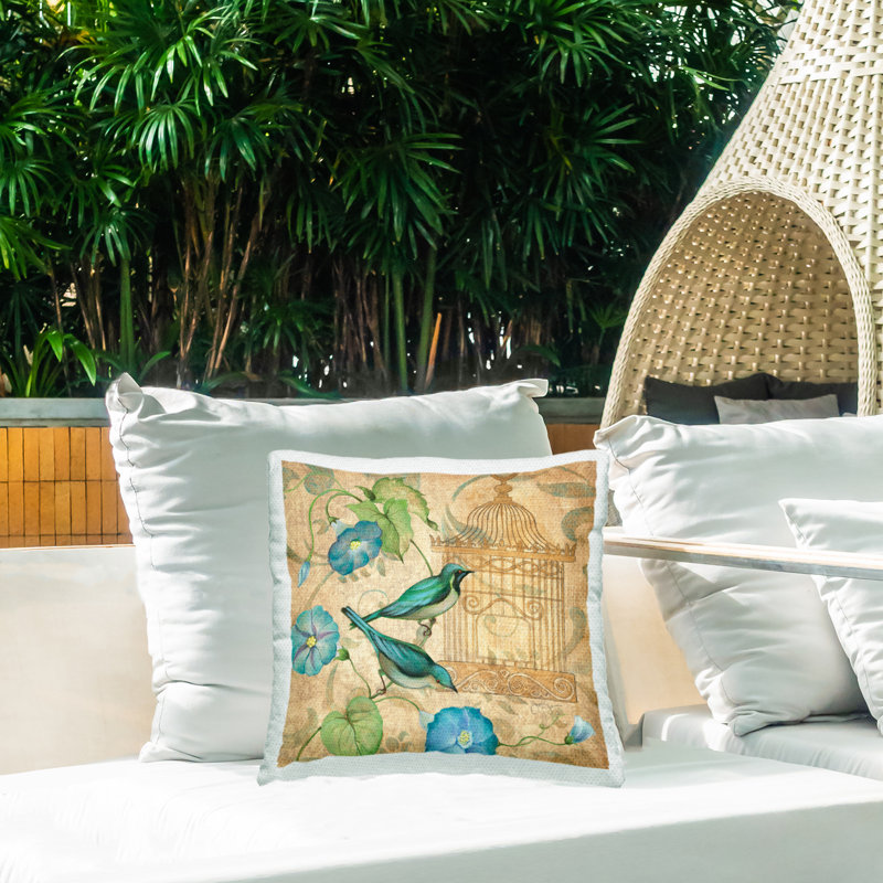 Spring's Song Green Birds Outdoor Printed Pillow design by Janet Tava, Brown Birds
