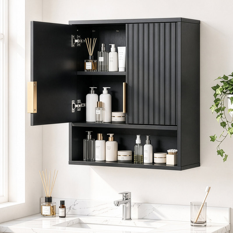 24.5"W Black Bathroom Wall Cabinet With Double Doors and 3 Shelves, Black