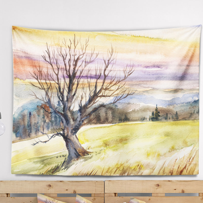 Tapisserie «Trees», arbre sans feuilles au coucher du soleil, H 32 po x l 39 po