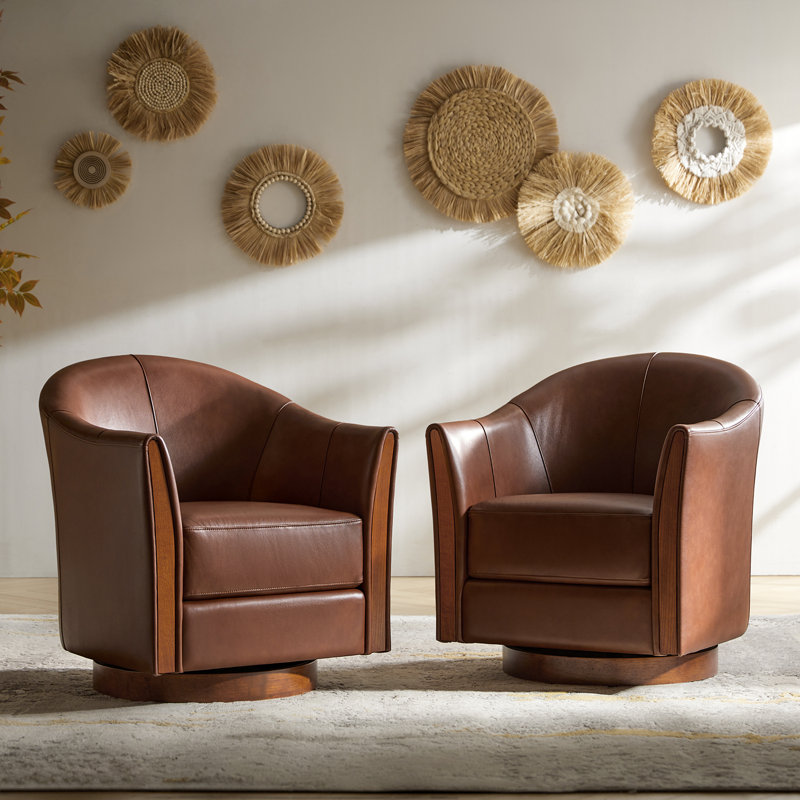 Pocono 29"W Transitional Genuine Leather Swivel Barrel Chair With Solid Wood Base(Set of 2), Brown