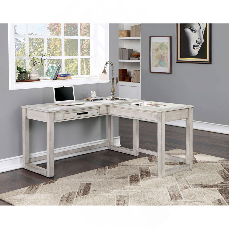 Bureau d'ordinateur transitionnel blanc antique, port USB avec plateau relevable et tiroir en queue d'aronde