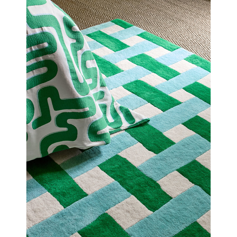 Hand Tufted Wool Geometric Area Rug in Emerald/Aquamarine, Rectangle 4'7" x 6'7"