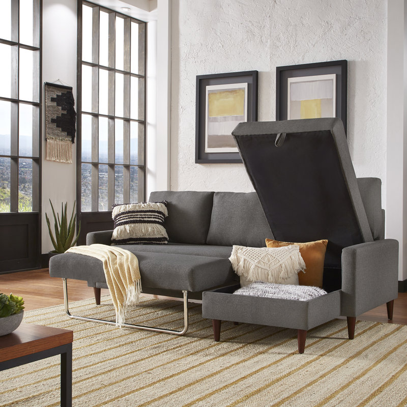 Myatt 86.7" Wide Right Hand Facing Sleeper Sofa & Chaise, Dark Gray Polyester Blend, Right Hand Facing