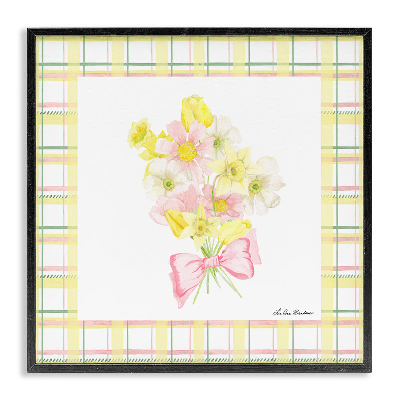 «Spring Daffodils on Plaid Giclee» par Lee Ann Sanders, Giclée encadrée noir minuit, H 12 po x l 12 po
