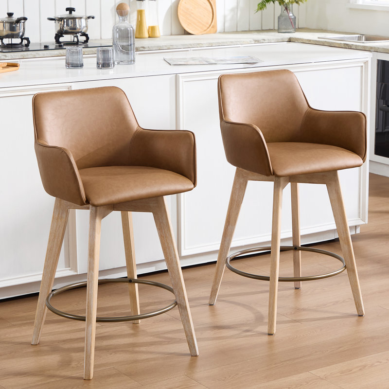 Ashwell Mid-Century Modern 26.6" H Swivel Leather Counter Stool with Wire-Brushed Solid Wood Legs, Brown