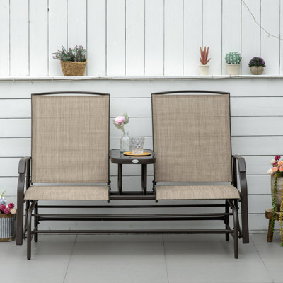 Fauteuil coulissant de jardin avec table centrale - cadre en métal brun. Confort à double glissement, chaises fraîches et respirantes, banc de patio solide, sièges à balançoire brun, acier pour l'extérieur