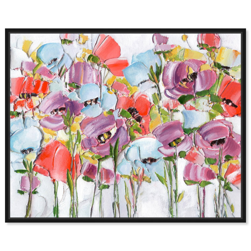 Abeilles et fleurs, toile abstraite colorée, art abstrait par Art Remedy, Cadre noir, H 17 po x l 21 po