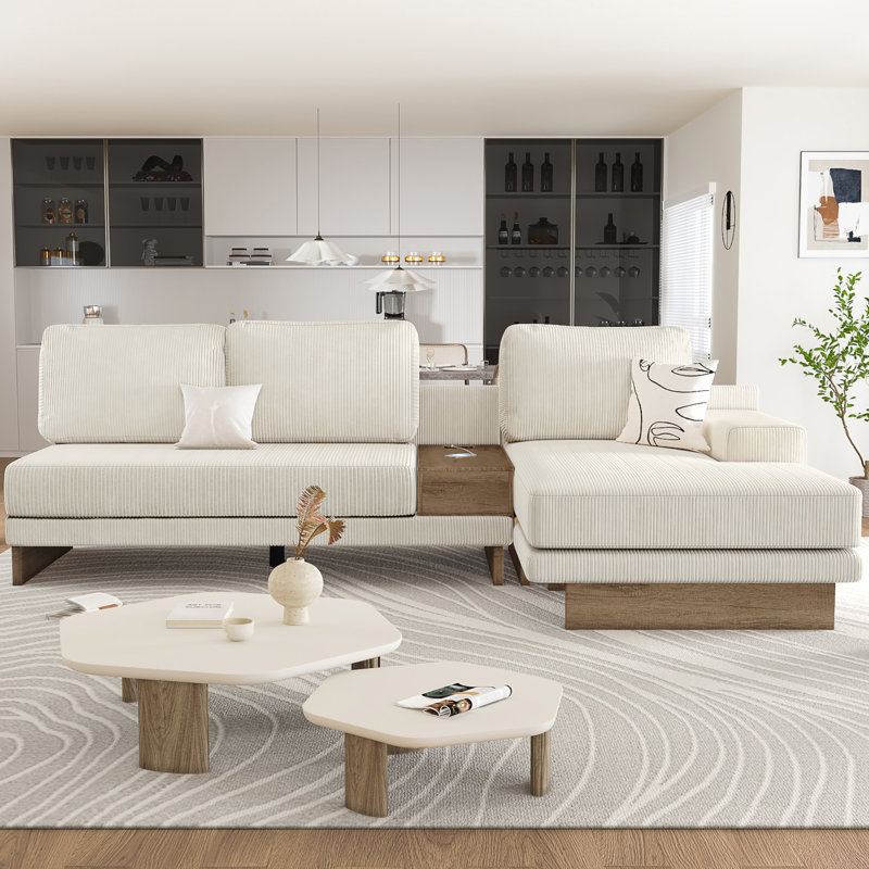 3-Piece Upholstered Sectional, Beige Corduroy