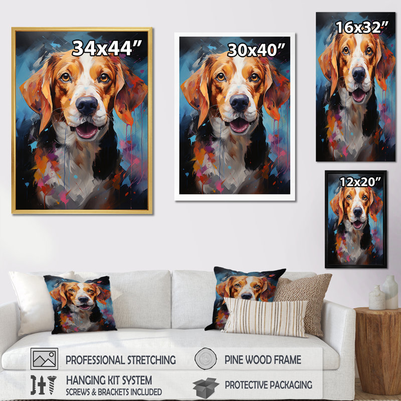 Beagle Bliss VI sur toile, Cadre simple noir, H 32 po x l 16 po x P 1 po