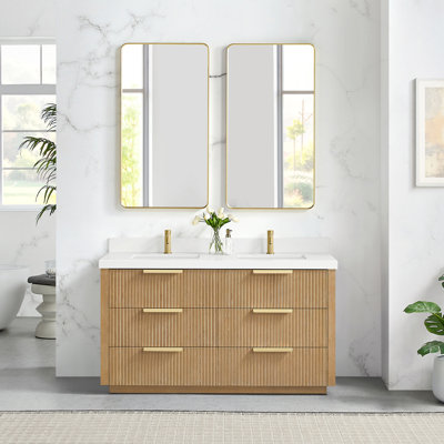 Meuble-lavabo double autoportant 60 po gris cendré délavé avec plateau en pierre de quartz blanc Allister
