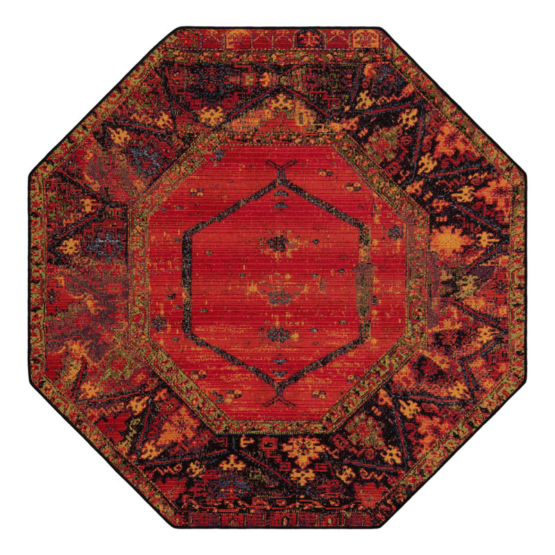 Gurrola Oriental Red/Yellow/Black Indoor/Outdoor Area Rug, Octagon 4'1" x 4'1"