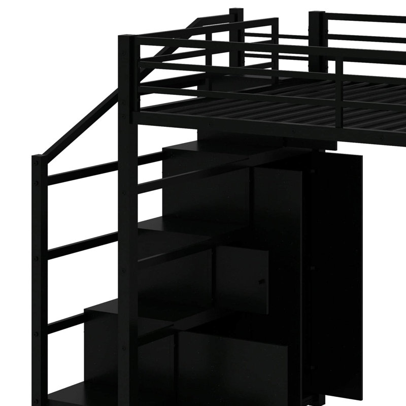 Metal Loft Bed With Storage Shelves, Cabinets And Wardrobe, Black, Queen