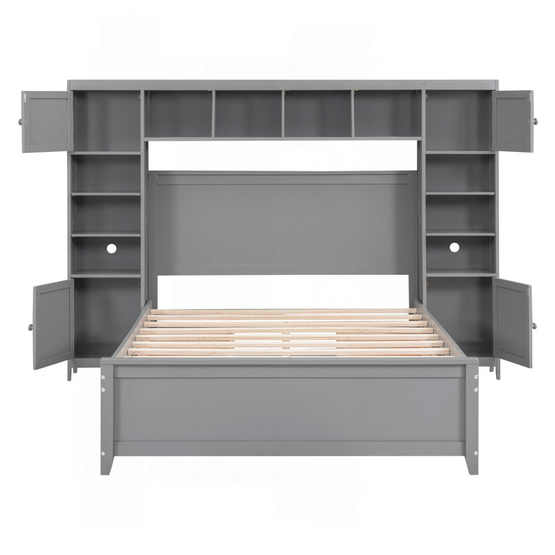 Lit double en bois avec armoire et tablette tout-en-un, gris, Gris