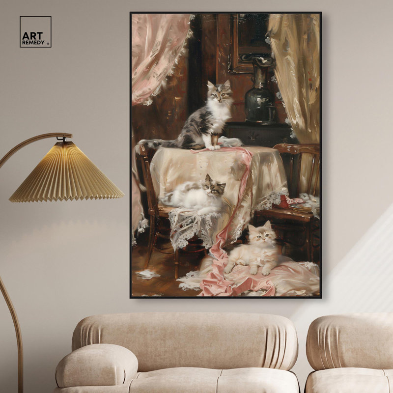 «Kittens at the Table» par Art Remedy, H 55 po x l 37 po, Cadre flottant, Noir