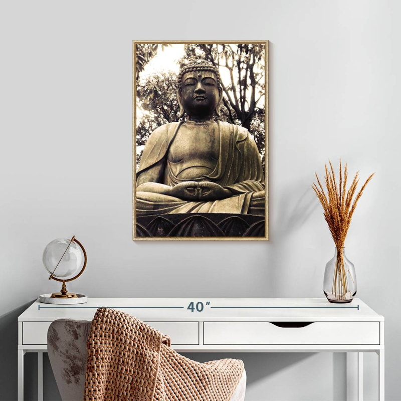 Statue de Bouddha japonais I, Cadre flottant en bois naturel, 17 po x 25 po