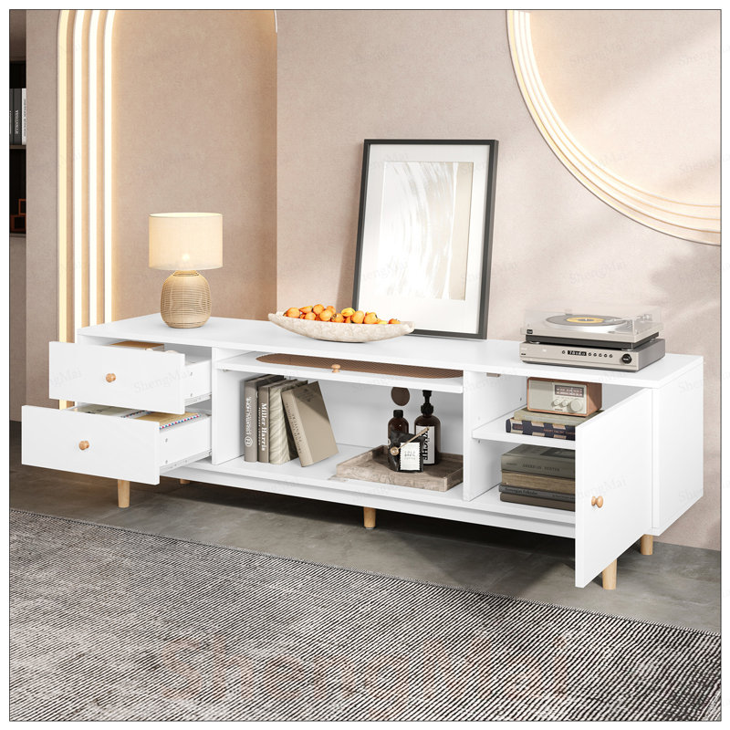 Meuble télé minimaliste pour téléviseurs de 80 po ou moins avec tiroirs et armoire dissimulée, parfait pour les salons et les chambres modernes