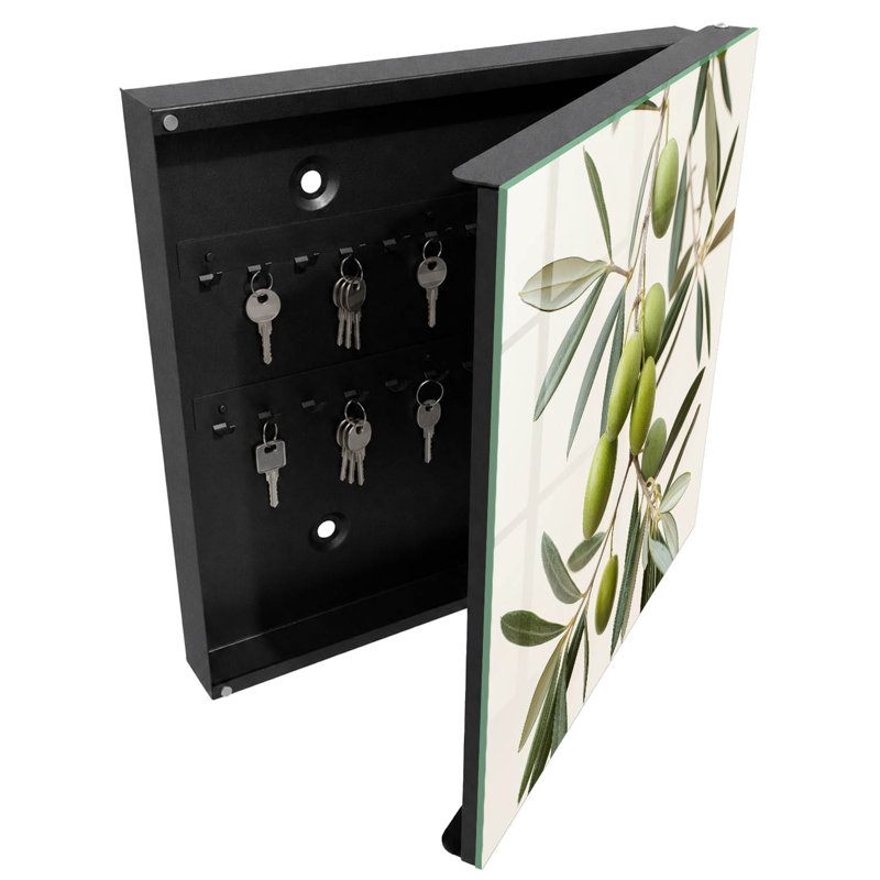 Wall mounted key box, Opens to the left, 30x30x5, Black, Olive branch and green olives on a cream background, 