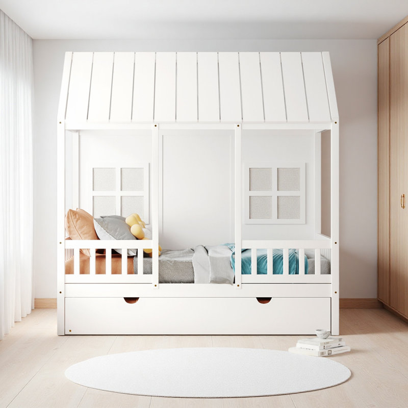 Lit en bois Wood House avec lit gigogne simple, lit de jour en bois, Lit simple