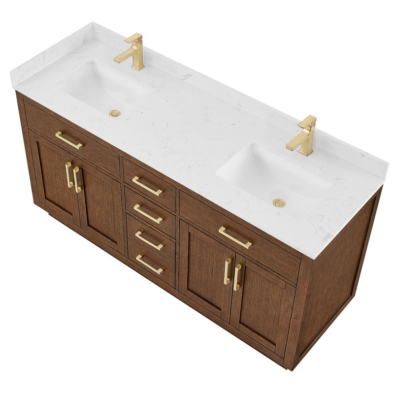 Meuble-lavabo double Beckett, Chêne foncé, Or brossé, Marbre de culture de Carrare