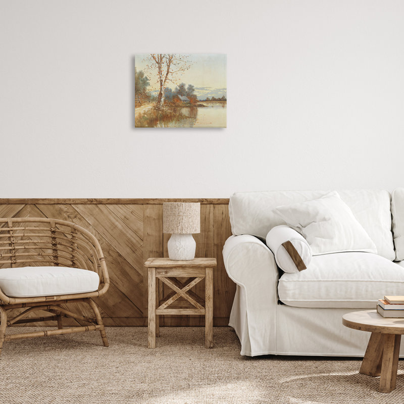 Toile d'automne à cabines le long de la rivière, design par lettré et doublé, H 16 po x l 20 po