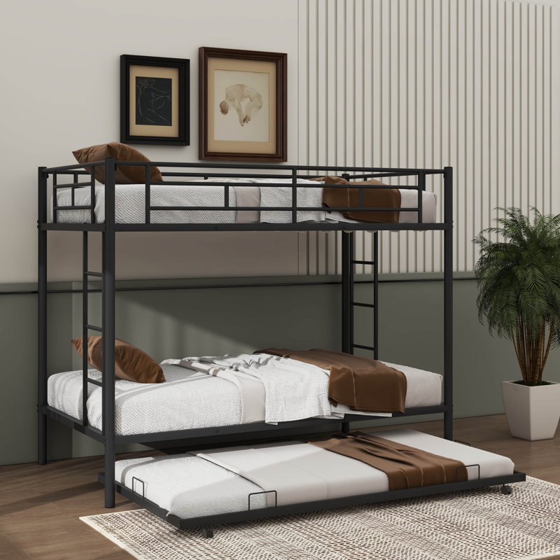 Lit superposé simple au-dessus d'un lit simple en métal avec gigogne, double échelle et garde-corps de sécurité