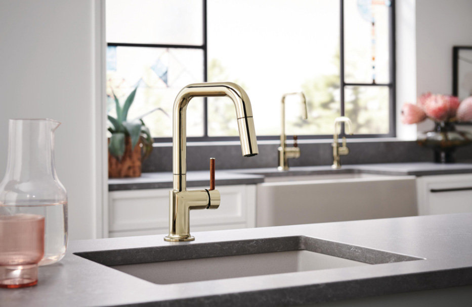 Odin® Bar Faucet with Square Spout, Polished Gold, Wood Lever