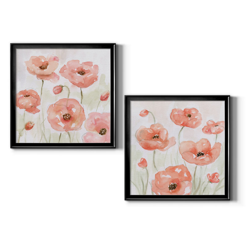 Spring Poppies I - Peinture encadrée sur papier, Papier encadré noir, Pas de tapis, H 34,5 po x l 69 po x P 1,5 po