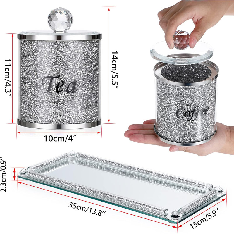 Set Of 4 Sparky Glass Crushed Diamonds Canisters Set For Sugar Coffee Tea Features Tray, Luxurious Storage Containers Sets With Lids Decorative Storage Pots For Kitchen Counter Dining Room