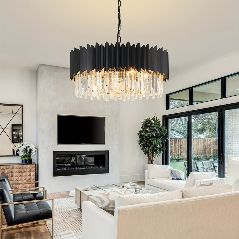 23.6" Luxury Black Tiered Crystal Chandelier, Modern Round, E14 Base, No Bulb