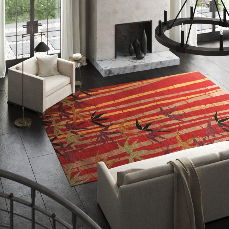 Bamboo Wool Floral Area Rug in Gray/Red/Yellow
