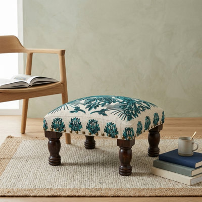 Bohemian Embroidered Upholstered Foot Stool, 16x16x8 Inch Decorative Ottoman for Living Room & Bedroom