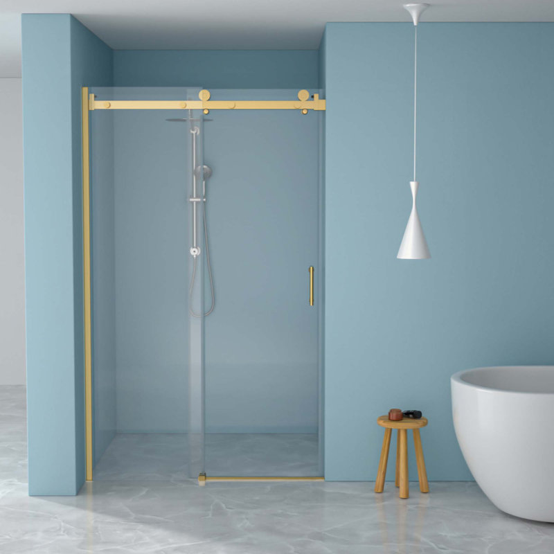 Porte de douche simple coulissante - Verre trempé de 8 mm avec cadre en acier inoxydable 304, Doré