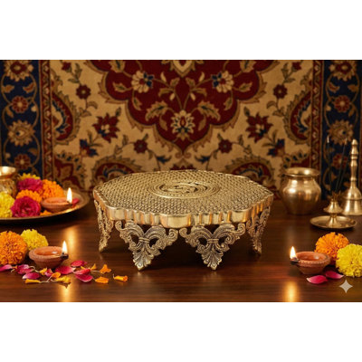 Brass Ritual Chowki with Intricate Flower Jaal Patterns - Hoysala-Inspired Vine Pedestal for Deity Display Puja Altar Temple Decor