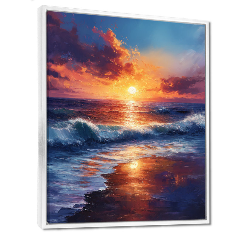 Jaune, bleu, coucher de soleil, océan, bonheur, plage, art mural, Cadre flottant noir, bois massif, H 32 po x l 24 po