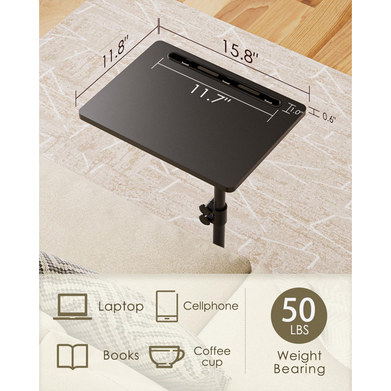 Table de plateau avec accoudoirs de canapé, table de bout pivotante à 360 ° à hauteur réglable, petite table d'appoint pour canapé, table en forme de C pour lit, noir