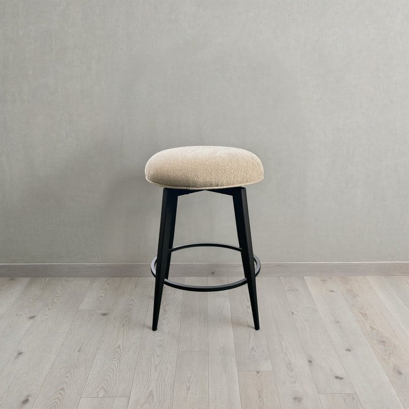 Tabouret de bar pivotant sans dossier avec base en métal et revêtement en tissu champagne, Backless