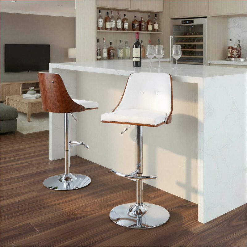 Tabouret de bar Archaimbaud, Chrome / noyer, Blanc
