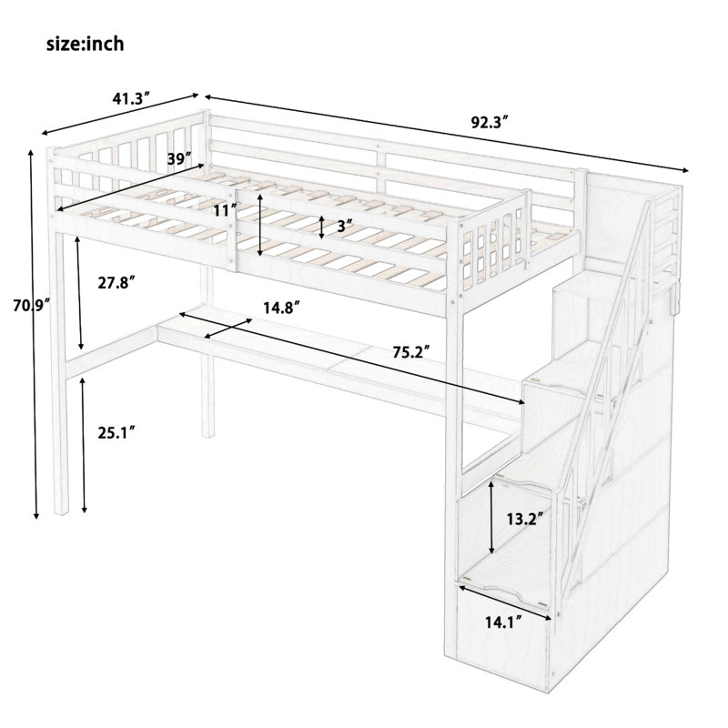 Feo Kids Twin Loft Bed with Drawers, White